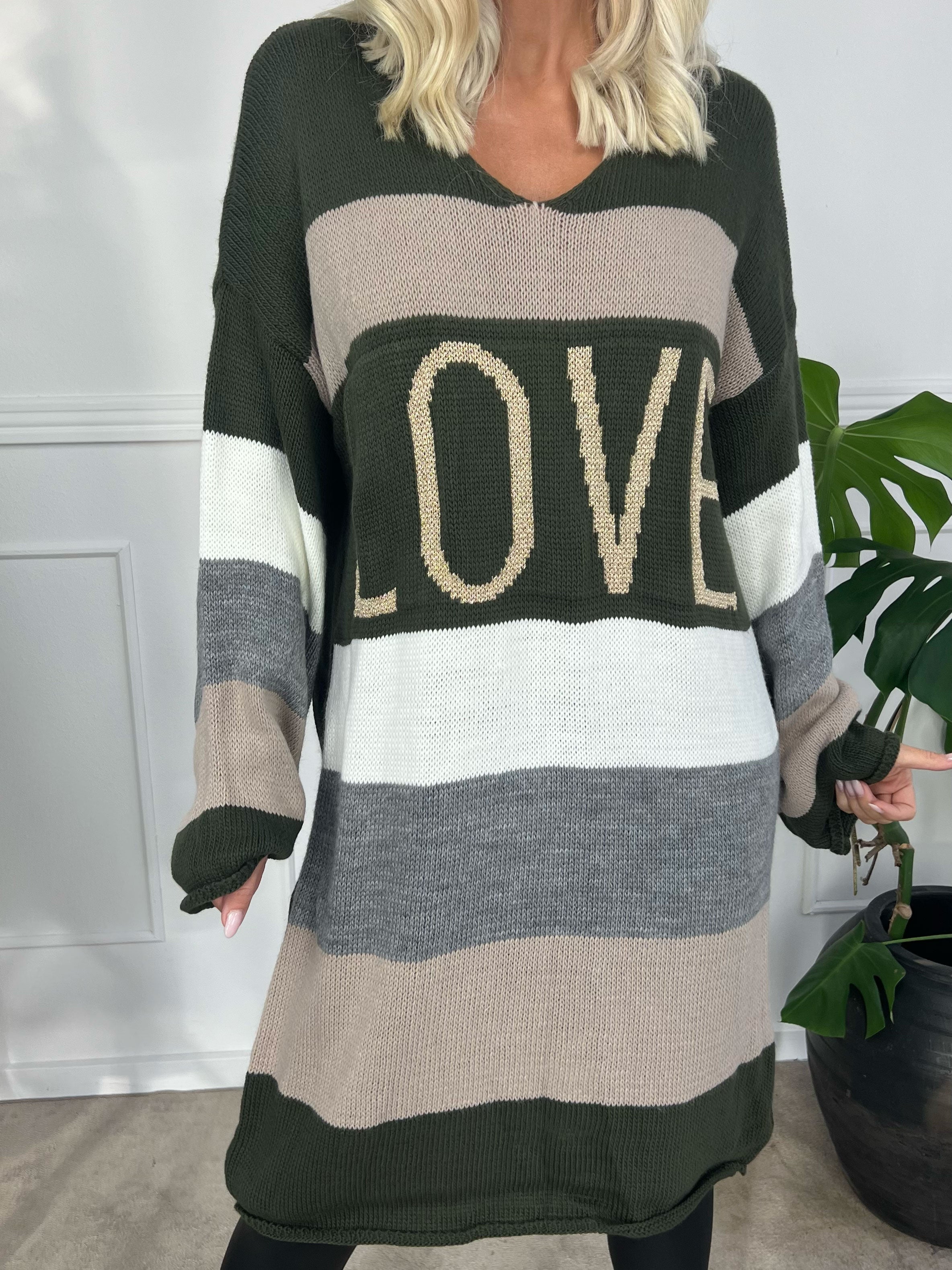 Love - Strikkjole med brede striber og skrift med glimmertråde